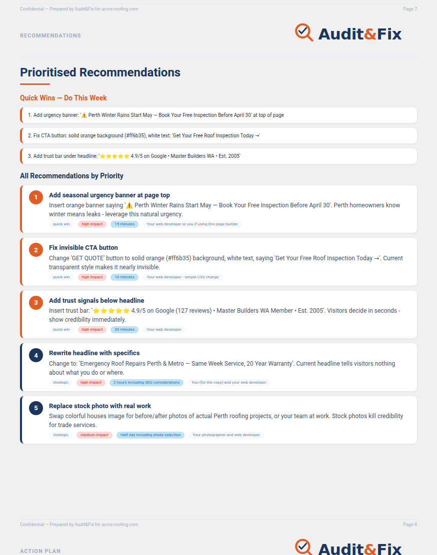 Prioritised recommendations page
